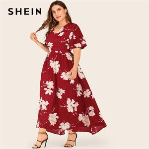 SHEIN Plus Size Large Floral Print Layered Sleeve Maxi Dress Women Summer Autumn V Neck High Waist Fit and Flare Casual Dresses