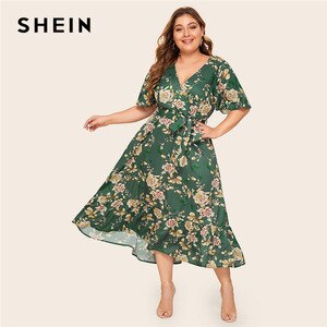 SHEIN Plus Size Floral Print Ruffle Hem Wrap Belted Long Dress Women Summer Autumn V Neck High Waist Fit and Flare Boho Dresses