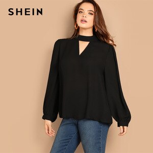 SHEIN Plus Size Keyhole Mock-neck Long Lantern Sleeve Stand Collar Cut Out Women Blouse 2019 Spring Casual Solid Top Blouses