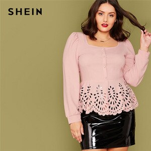 SHEIN Plus Size Pink Button Front Laser Cut Ruffle Hem Blouse Women Autumn Peplum Elegant Office Lady Womens Tops and Blouses