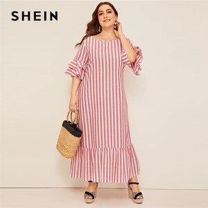 SHEIN Plus Size Bell Sleeve Ruffle Trim Striped Maxi Dress 2019 Women Spring Summer Casual Ruffle Hem Half Sleeve Tunic Dresses