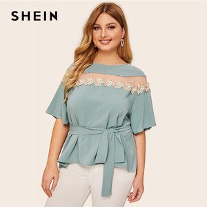 SHEIN Plus Size Green Mesh Insert Embroidered Applique Belted Top Blouse 2019 Women Summer Elegant Half Sleeve Blouses With Belt