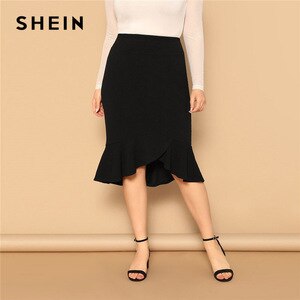 SHEIN Plus Size Asymmetrical Ruffle Hem Black Bodycon Skirt Office Lady Elegant Solid Knee-Length Weekend Casual Pencil Skirts