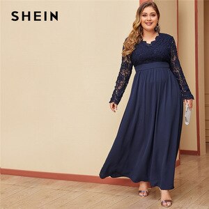 SHEIN Plus Size Navy Open Back Guipure Lace Bodice Dress Women Long Sleeve V-neck High Waist Glamorous Sexy Maxi Dresses
