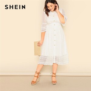 SHEIN Plus Size Lady Romantic Button Front Lace Overlay Maxi Dress Spring Elegant High Waist Half Sleeve A Line Long Dress