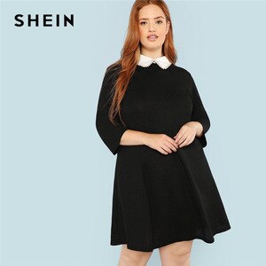SHEIN Plus Size Black Cute Peter pan Collar Beading Pearl Embellished A-Line Loose Dresses Women Spring Autumn Knee-Length Dress