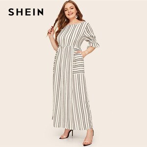 SHEIN Plus Size Flounce Sleeve Patch Pocket Striped Dress 2019 Women Spring Summer Casual Half Sleeve High Waist Maxi Dresses