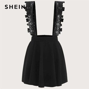 SHEIN Plus Size Black Contrast Lace Suspender Skirts Women Spring Summer Solid Big Size Pinafore Preppy Plus Short Skirt