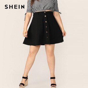 SHEIN Plus Size Black Button Up Flare Skirt 2019 Women Summer Casual A Line Solid Big Size Above Knee Mini Short Skirts