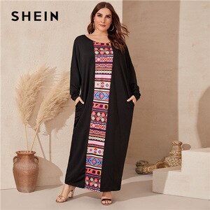 SHEIN Plus Size Black Tribal Print Panel Maxi Tee Dress Women Spring Casual Scoop Neck Tunic Plus Modest Maxi Dresses
