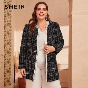 SHEIN Plus Size Black Frayed Trim Tweed Coat Women Autumn Winter Office Lady Plus Plaid Longline Outwear Elegant Coats