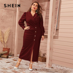 SHEIN Plus Size Burgundy Button Front Shawl Collar Lantern Sleeve Dress Women Spring Plus High Waist Elegant Fitted Maxi Dresses