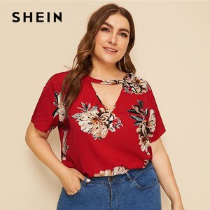 SHEIN Plus Size Red Choker Neck Flower Print Top Blouse 2019 Women Summer Casual Keyhole Neckline Cut Out Plus Blouses Shirt