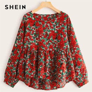SHEIN Plus Size Multicolor Chiffon Floral High Low Babydoll Blouse Women Spring Peplum Casual Boho Womens Tops and Blouses