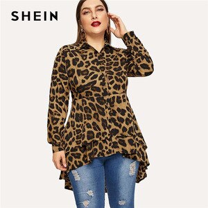 SHEIN Plus Size Casual Leopard Print Dip Hem Shirt Blouse Women Spring Autumn Layered Hem Office Lady Long Tops and Blouses