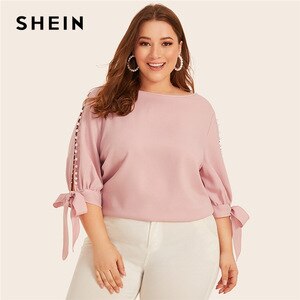 SHEIN Plus Size Pink Pearl Beaded Knot Cuff Top Women Elegant Blouse Autumn Office Lady Solid Womens Tops and Blouses