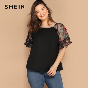 SHEIN Plus Size Black Flower Embroidery Mesh Sleeve Top Blouse Women Summer Elegant Short Sleeve Sheer Solid Round Neck Blouses