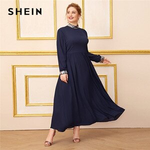 SHEIN Plus Size Navy Mock Neck Contrast Sequin Trim Dress Women Long Sleeve Autumn High Waist A Line Elegant Maxi Dresses