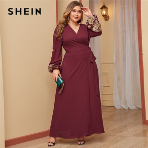 SHEIN Plus Size Burgundy Embroidered Floral Wrap Belted Maxi Dress Women Bishop Sleeve V-neck A Line Elegant Dresses
