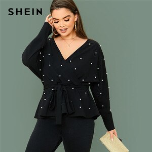 SHEIN Plus Size Black Surplice Neck Dolman Sleeve Pearls Beaded Belted Top Women Spring Solid Elegant Office Lady Peplum Blouses