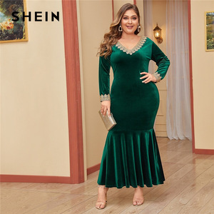 SHEIN Plus Size Lace Trim Fishtail Hem Bodycon Velvet Dress Women Autumn Long Sleeve Party Glamorous Bodycon Maxi Dresses