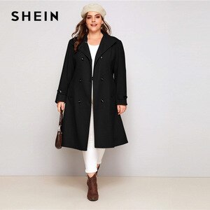 SHEIN Plus Size Black Double Button Self Tie Coat Women Autumn Winter Waterfall Neck Solid Elegant Outwear Long Pea Coats