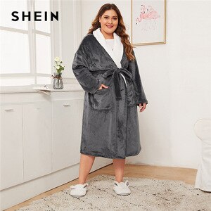 SHEIN Plus Size Grey Contrast Shawl Collar Self Belted Pocket Teddy Robe Women Shearling Nightwear Winter Warm Casual Sleepwear