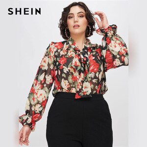 SHEIN Plus Size Multicolor Floral Print Tie Neck Chiffon Blouse Women Ruffle Elegant Autumn Office Lady Womens Tops and Blouses