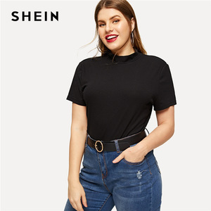 SHEIN Black Plus Mock-neck Knitted Slim Fitted Tee Solid Top Short Sleeve T Shirt Summer Plus Size Women Casual Tshirt Tops