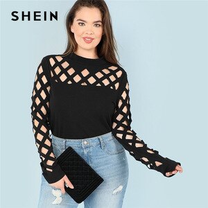 SHEIN Black Sexy Square Cutout Long Sleeve Stand Collar Women Plus Size T Shirt Spring Autumn Office Lady Casual Solid Top Tees