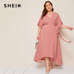 SHEIN Plus Pink Size Solid Surplice Neck Wrap Belted Maxi Dress Women Autumn Kimono Sleeve A Line High Waist Elegant Dresses