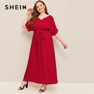 SHEIN Red Plus Size Button Front Self Belted Maxi Dress Women Summer Autumn Short Sleeve V Neck Solid Shift Workwear Dresses