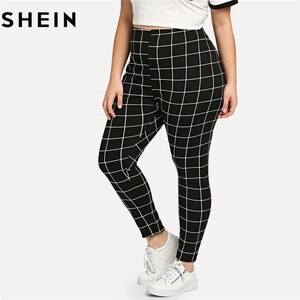 SHEIN Black And White Plaid Plus Size Mid Waist Women Leggings Autumn Winter Grid Print Long Casual Legging