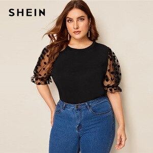 SHEIN Plus Size Black Swiss Dot Mesh Sleeve Solid Top Tee 2019 Women Summer Casual Half Puff Sleeve Contrast Mesh O Neck Shirt