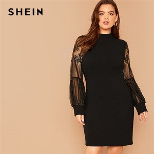 SHEIN Plus Size Black Mock-Neck Lace Lantern Sleeve Solid Dress Women Summer Autumn Plus Elegant Fitted Short Dresses