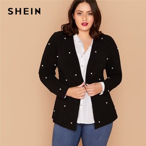 SHEIN Plus Size Black Hook and Eye Pearls Beaded Blazer Women Autumn Slim Fit Long Sleeve Elegant Plus Blazers