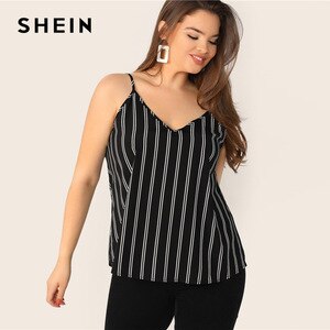 SHEIN Plus Size V-Back Pinstripe Cami Top Women Spaghetti Strap Camis Summer Striped V Neck Casual Camisole Tops