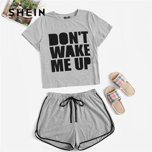 SHEIN Plus Size Grey Slogan Print Tee And Dolphin Hem Shorts Pajama Sets 2019 Women Summer Sleepwear Casual Plus PJ Set