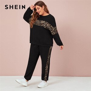 SHEIN Plus Size Black Leopard Panel Sweatshirt and Joggers Set Women Autumn Casual Sporting Colorblock Two Piece Sets