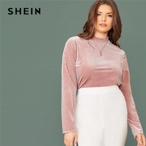 SHEIN Plus Size Lettuce Trim Rib-knit Velvet Top Women Spring Winter Basic Solid Tops Long Sleeve Stand Collar Casual T-shirts