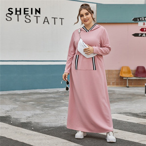 SHEIN Plus Size Pink Striped Trim Hooded Tee Dress Without Bag Women Spring Long Sleeve Plus Casual Straight Maxi Dresses