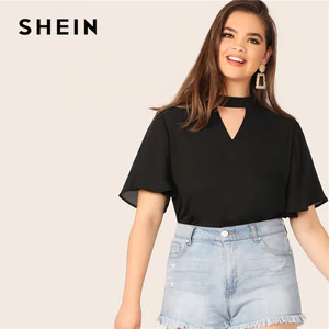 SHEIN Plus Size Black Keyhole Back V-Cut Neck Solid Top Blouse 2019 Women Summer Casual Cut Out Short Sleeve Plus Blouses Shirt