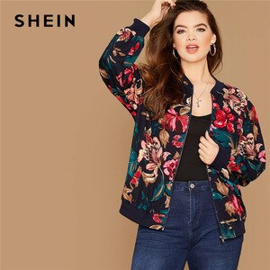 SHEIN Plus Size Floral Print Zipper Up Bomber Jacket Women Autumn Long Sleeve Stand Collar Coat Cute Outwear Casual Plus Jackets