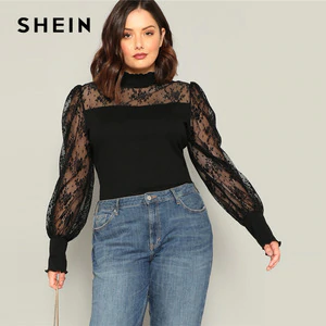 SHEIN Plus Size Black Mesh Puff Long Sleeve Stand Collar Women Casual T Shirt 2019 Spring Elegant Solid Tops Tee
