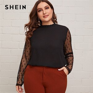 SHEIN Plus Size Black Frill Neck Sheer Dobby Mesh Sleeve Curved Hem Blouse Women Office Lady Elegant Plus Tops and Blouses