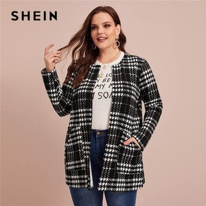 SHEIN Plus Size Plaid Print Pocket Front Open Placket Coat Women Spring Autumn Office Lady Plus Longline Outwear Casual Coats
