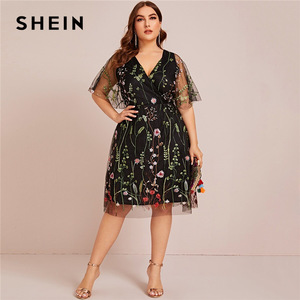 SHEIN Plus Size Floral Embroidered Mesh A-line Black Dress Women Summer Half Sleeve V-neck Empire Elegant Midi Flared Dresses