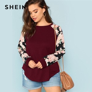 SHEIN Burgundy Plus Size Floral Print Long Raglan Sleeve Women Casual T Shirt  2018 O Neck Autumn Top Tees