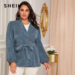 SHEIN Plus Size Blue Corduroy Lantern Sleeve Belted Coat Women Autumn Stand Collar Casual Plus Solid Outwear Coats