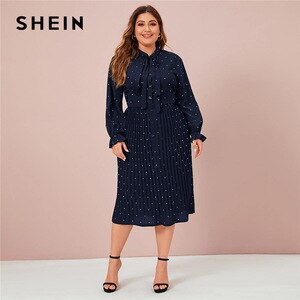 SHEIN Plus Size Navy Polka Dot Tie Front Pleated Shirt Dress Women Spring Long Sleeve Solid A-line Elegant Office Long Dresses